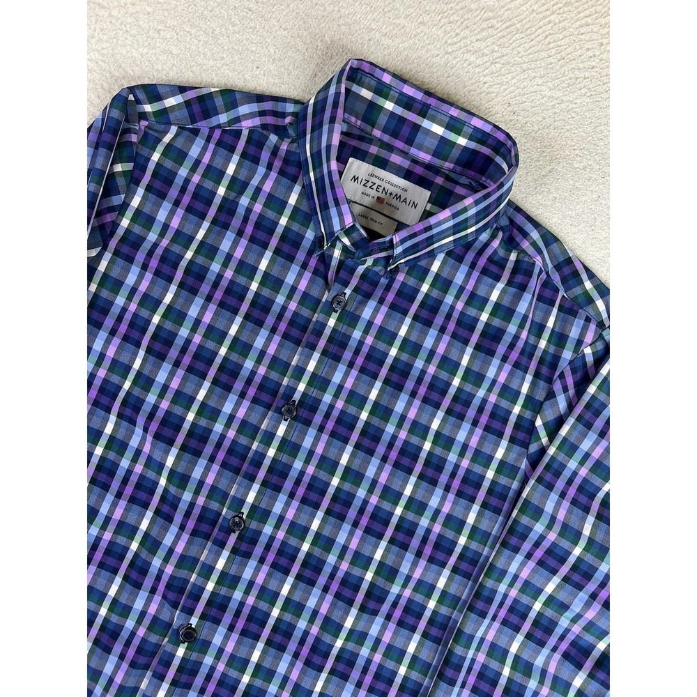 Mizzen+Main Leeward Dress Shirt Mens Large Blue Plaid Trim Fit Stretch USA LS - Picture 3 of 10